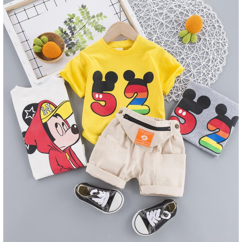 Setelan Import Kaos Tas Mickey/Bear Garis/Winnie The Pooh Anak Laki-Laki