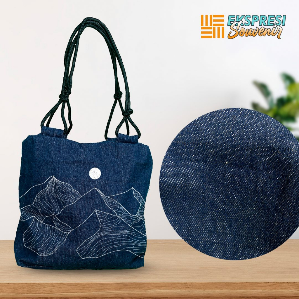 Tas Wanita Totebag Denim Biru Kanvas Tali Sumbu Custom Tas Serbaguna Travel Bag Souvenir