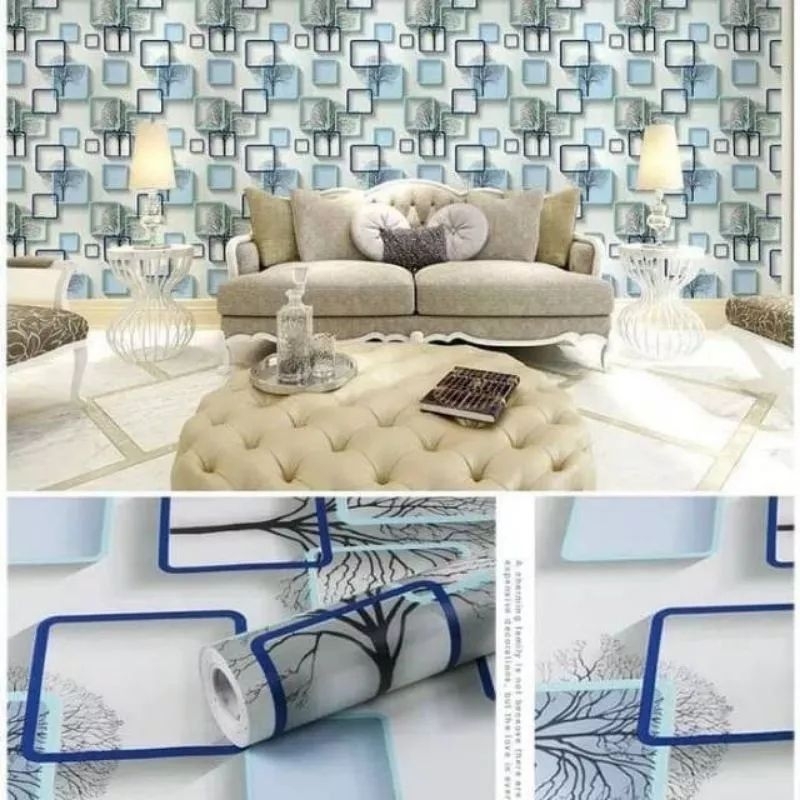 Wallpaper Dinding Sticker Dinding 3D Kotak Pohon Biru Ruang Tamu Premium