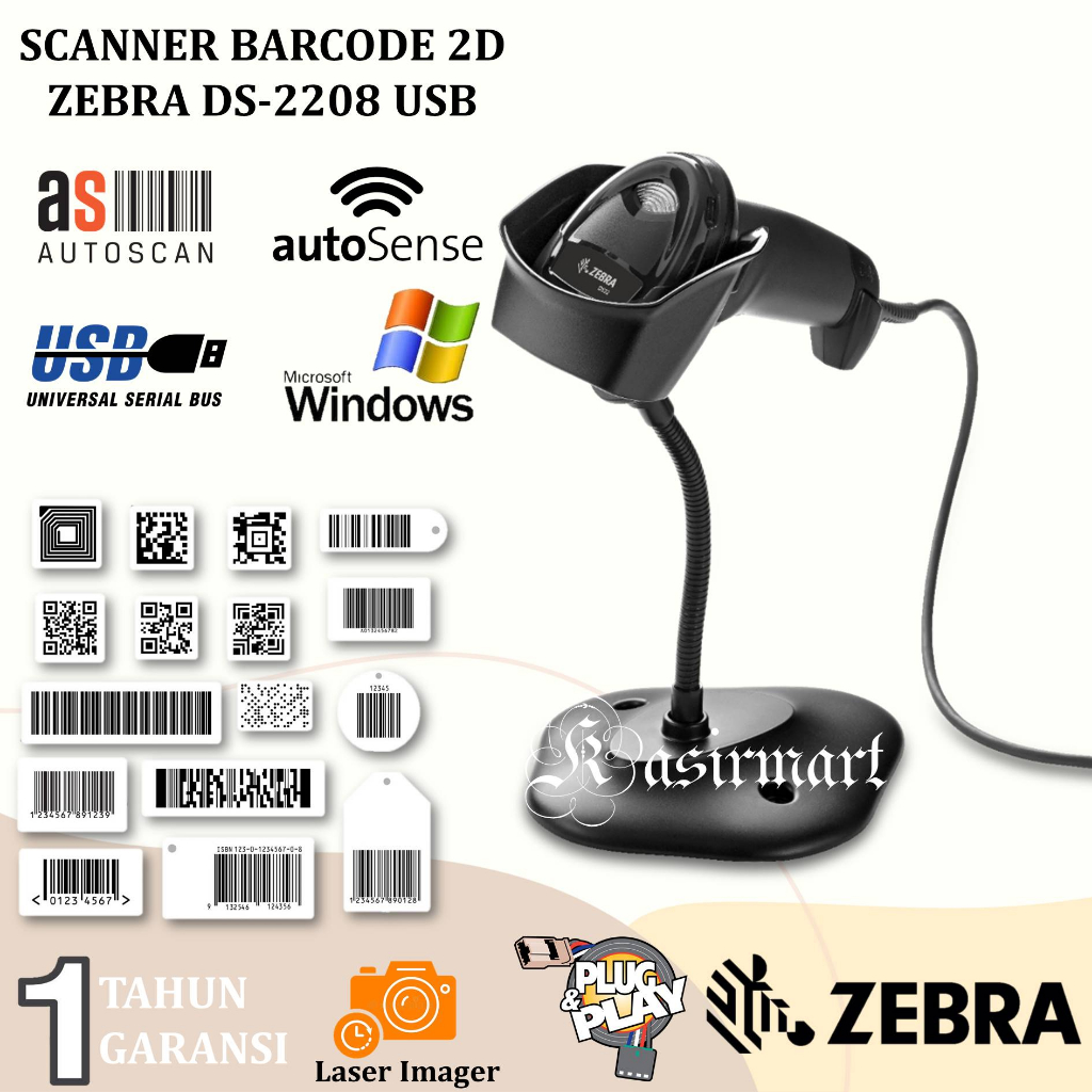 ZEBRA Barcode Scanner Symbol DS2208 Scanner Barcode DS 2208 1D 2D USB Plus Stand Scan QR Code E Faktur Pembayaran Online Scan Layar HP Auto Scan Resi Expedisi