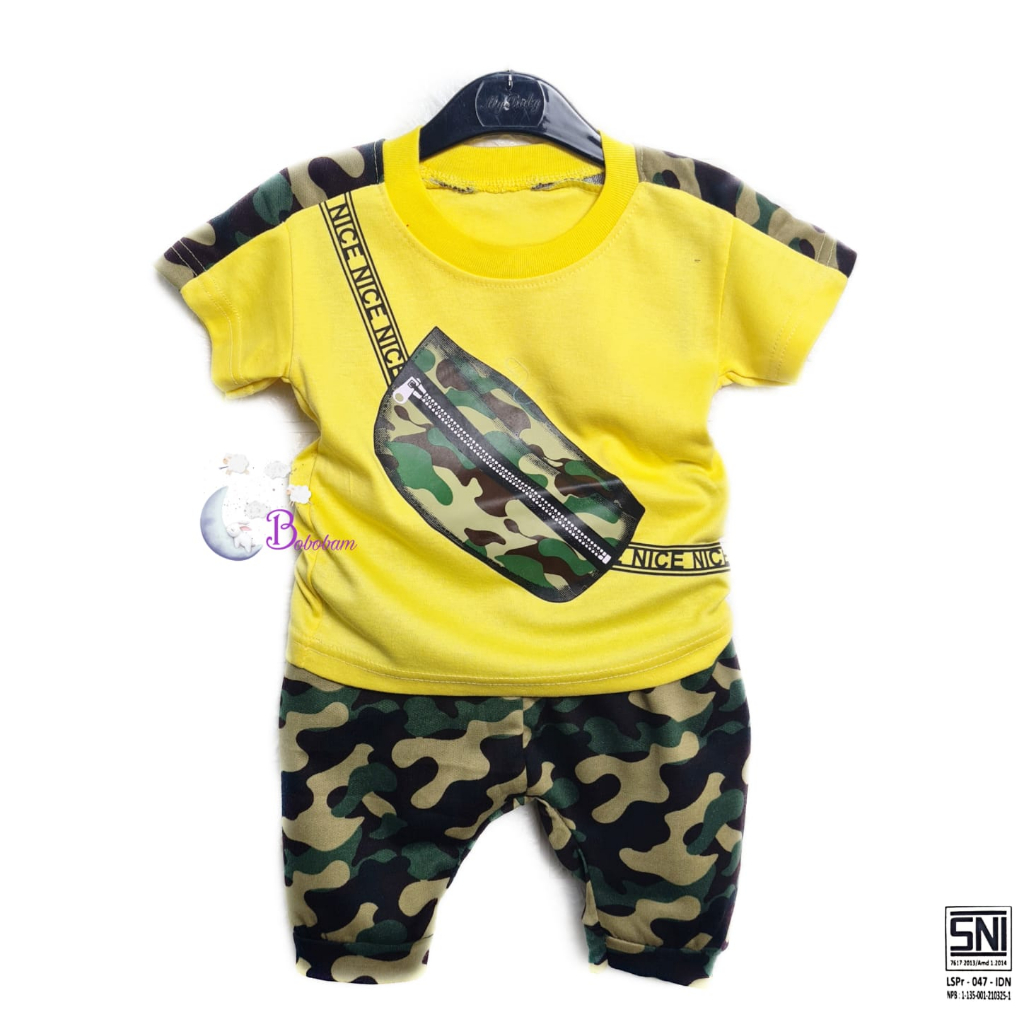 BOBOBAM BAJU BAYI LAKI LAKI  SETELAN ANAK COWO LUCU STELAN COWOK  6 12 BULAN  KEREN TRENDY KEKINIAN TAS LORENG ARMY