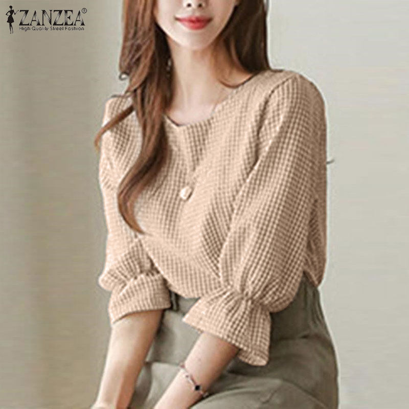 ZANZEA Women Korean Elegant Casual 3/4 Sleeve Round Neck Plaid Print Ruffle Blouse