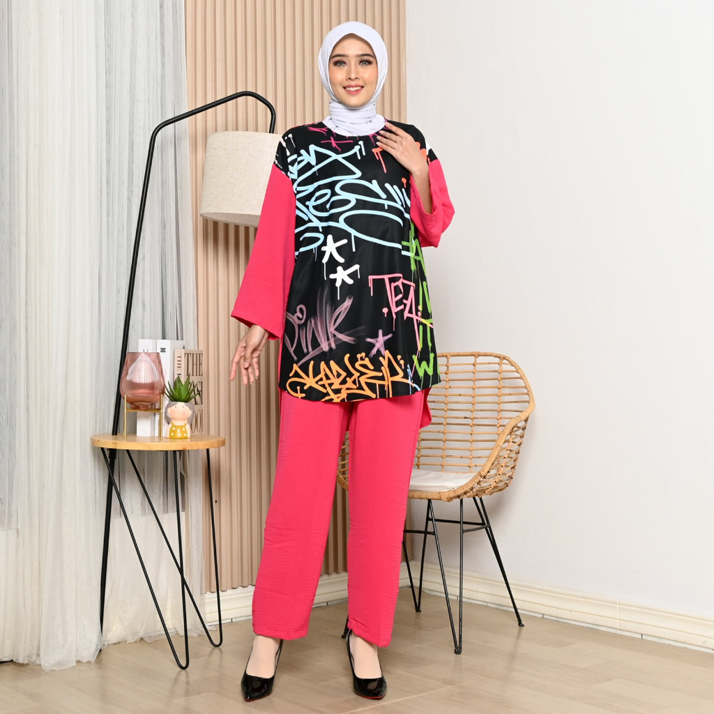 Setelan Tunik Hitam Crinkel Airflow Size XXL/ Set Wanita LD 120