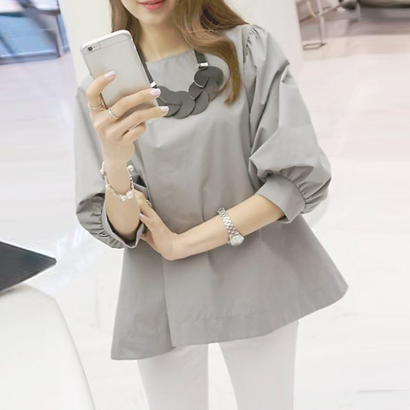 Women Summer Korean Half Sleeve Casual Baggy Crew Neck Solid Color Pleated Blouse