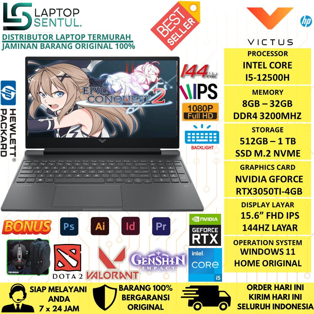 LAPTOP GAMING HP VICTUS 15 INTEL I5 12500H RAM 32GB SSD 512GB RTX3050TI 4GB FHD 144Hz WINDOWS 11 TERLARIS