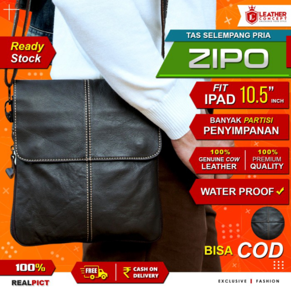 Unik Tas Selempang Pria - Kulit Sapi Asli ZIPO by Napoleon - Hitam Murah