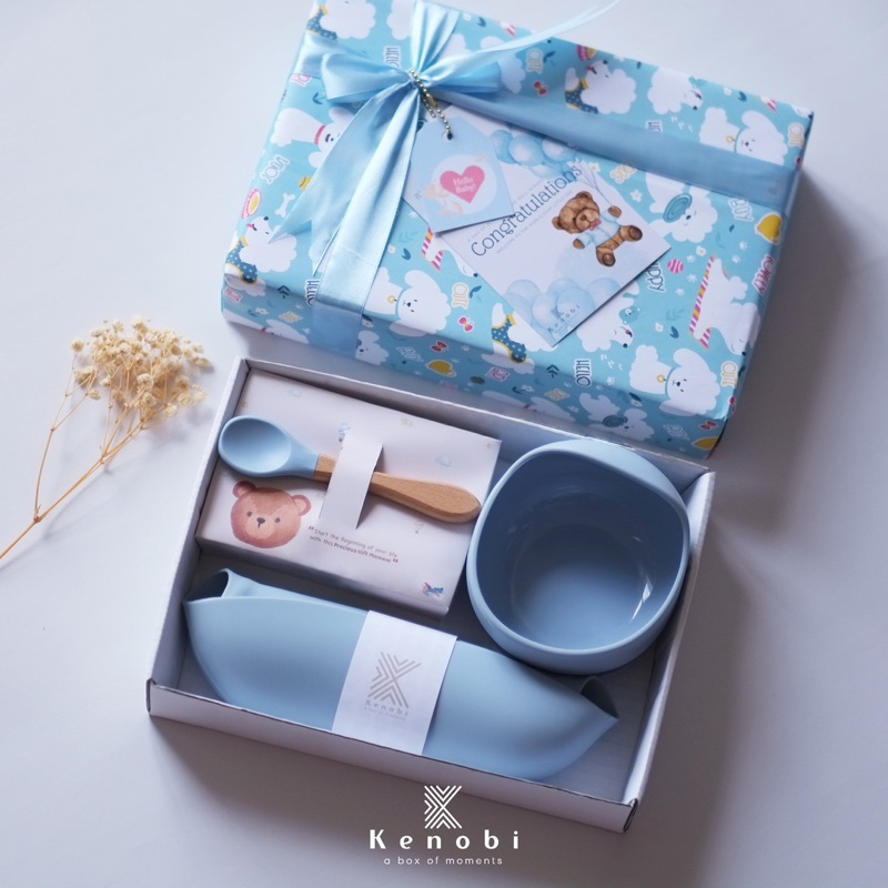 KENOBI -  Hampers Bayi Silicone Feeding Set / Alat Makan Bayi Sendok Piring Mangkok Bib Celemek Silikon / Paket MPASI / Baby New Born Hampers /Kado Lahiran Bayi Girl Boy Perempuan Laki Laki Cewek Cowok New born Gift Set Hampers