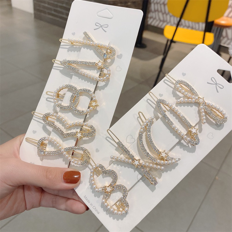 Delunashop Jepit rambut poni Berlian mutiara Hati Sabit Bulat Bunga makota Jepit Rambut Gadis Korea Poni Klip