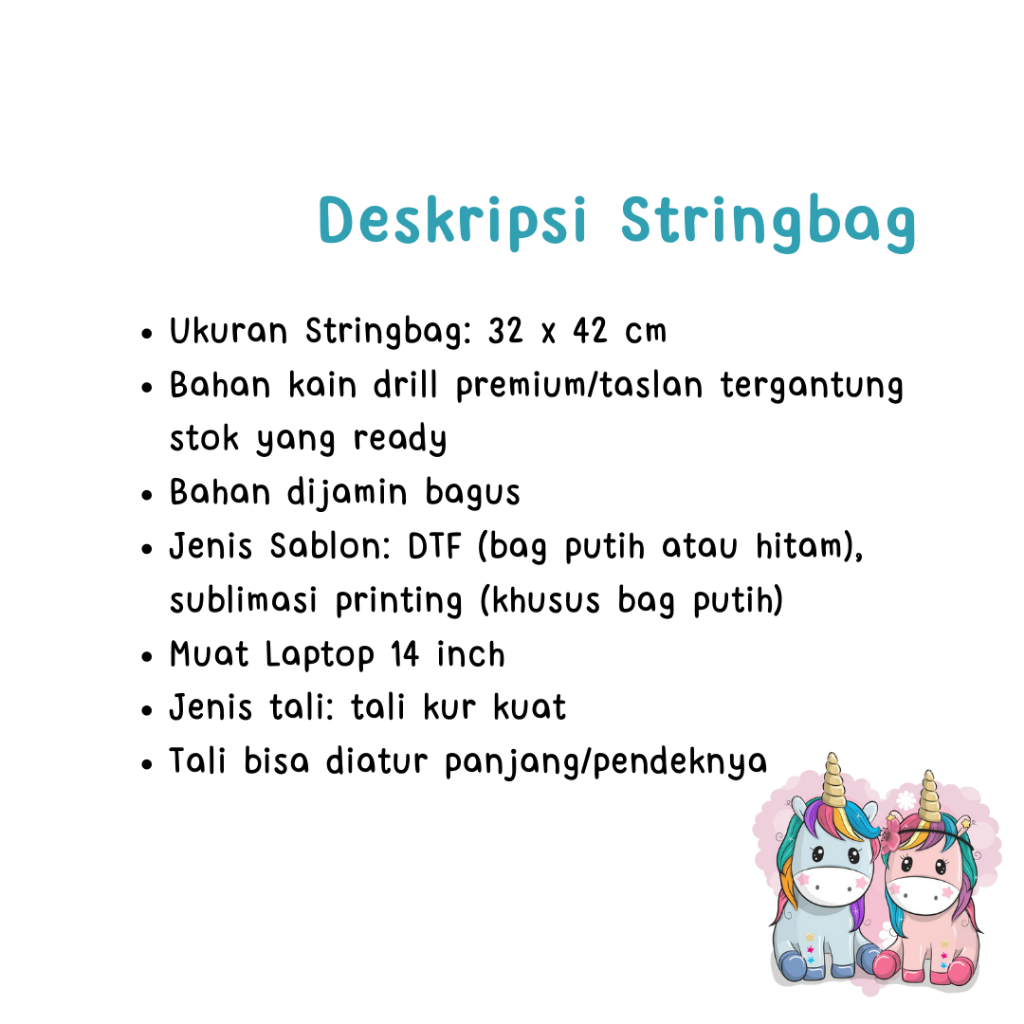 Stringbag Full Colour Twin Unicorn tas ransel serut drawstring sekolah kampus anak merchandise viral || Kiiyoomii ||