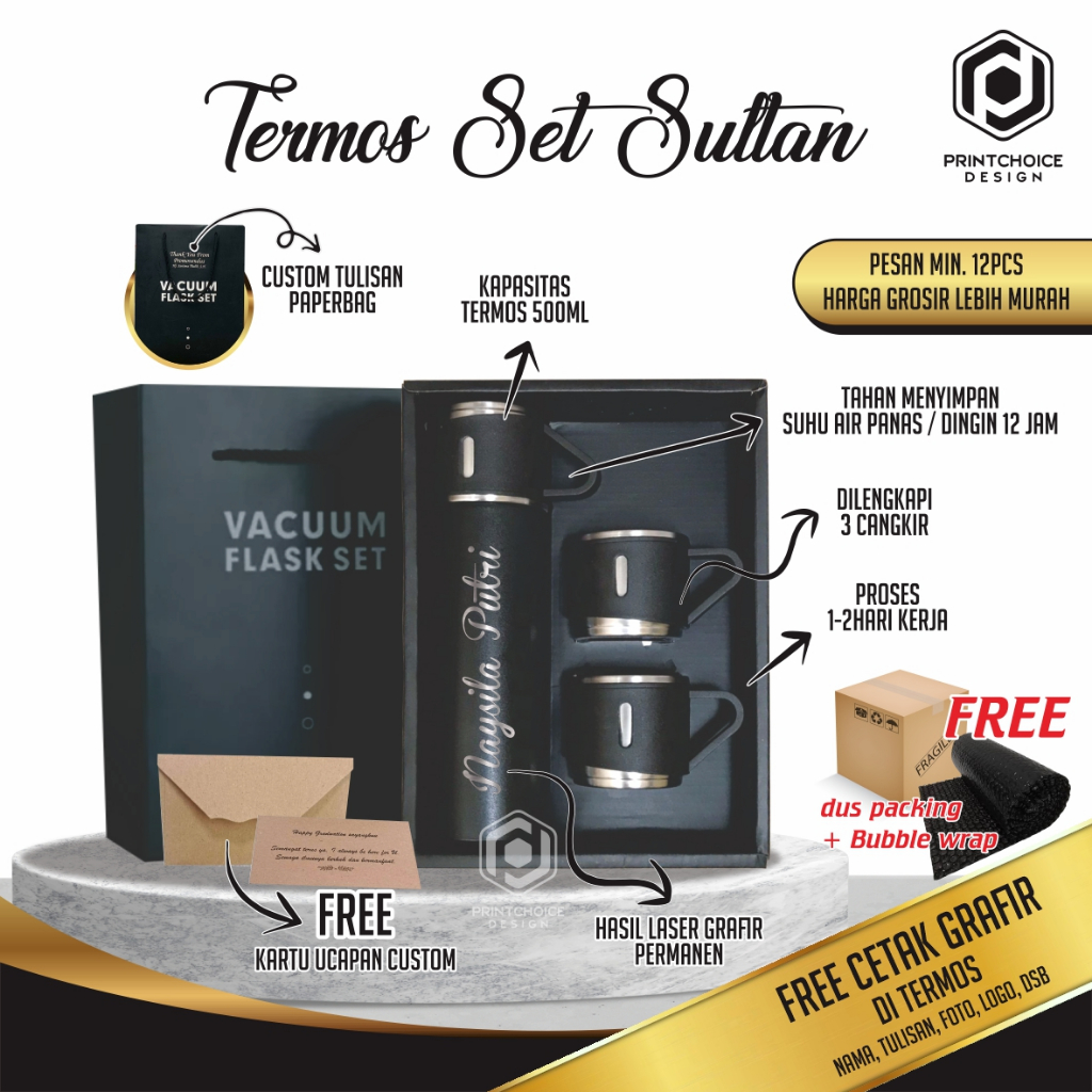 Termos Sultan Vacuum Flask Set / Botol Minum Cangkir Premium Free Grafir Nama