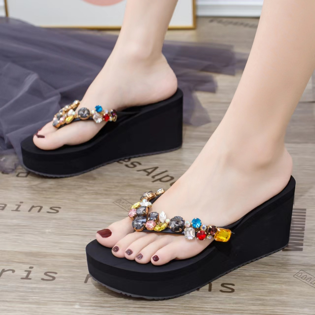 Sandal Jepit INGVIVI Wedges 719 Sandal Ingvv Swarovsky Wedge Permata Spons  Spon Flip  7.5cm