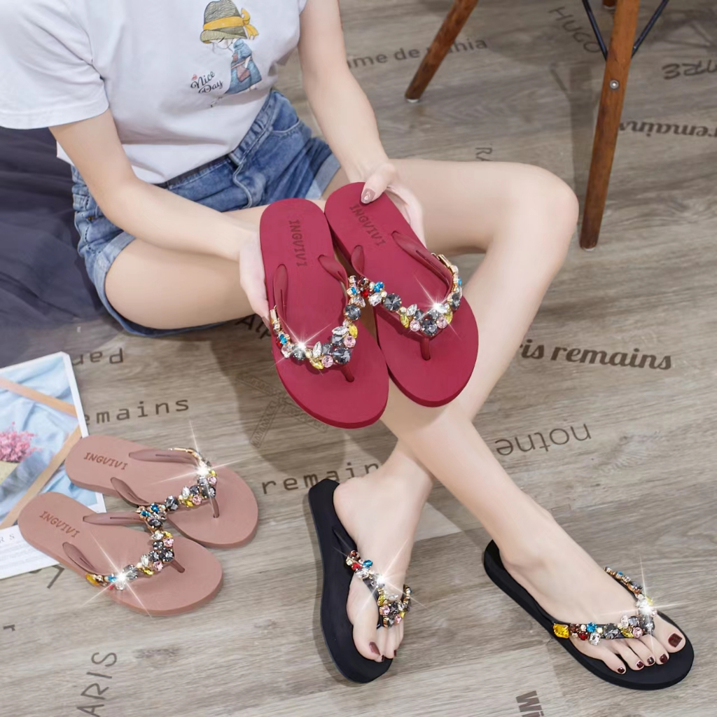 Sandal Jepit INGVIVI Wedges  719 / Sandal Ingvv Swarovsky Wedge Permata / Spons / Spon Flip