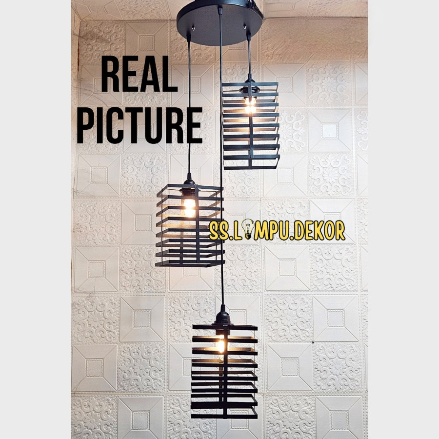 LAMPU GANTUNG MINIMALIS KOTAK BERGARIS CABANG 3 IN 1 HIAS RUANG TAMU