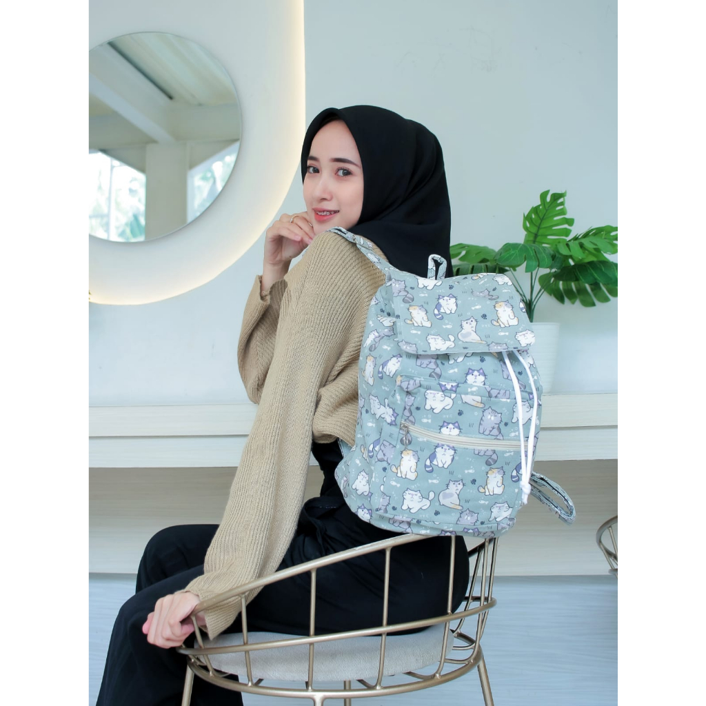 RANSEL SERUT KUCING HIJAU SAGE // taskanvasbdg - tas kanvas fashion - tas ransel wanita sage green - tas wanita - tas lucu - cewe