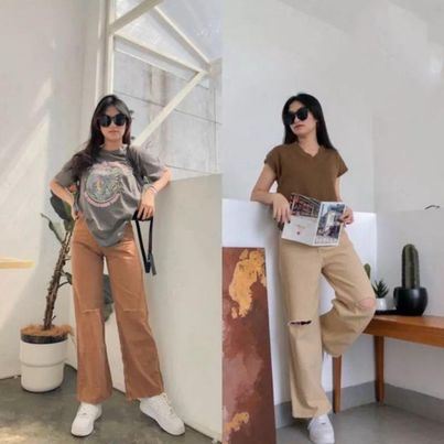 Celana Highwaist Jeans Loose Sobek Wanita Repped Cream