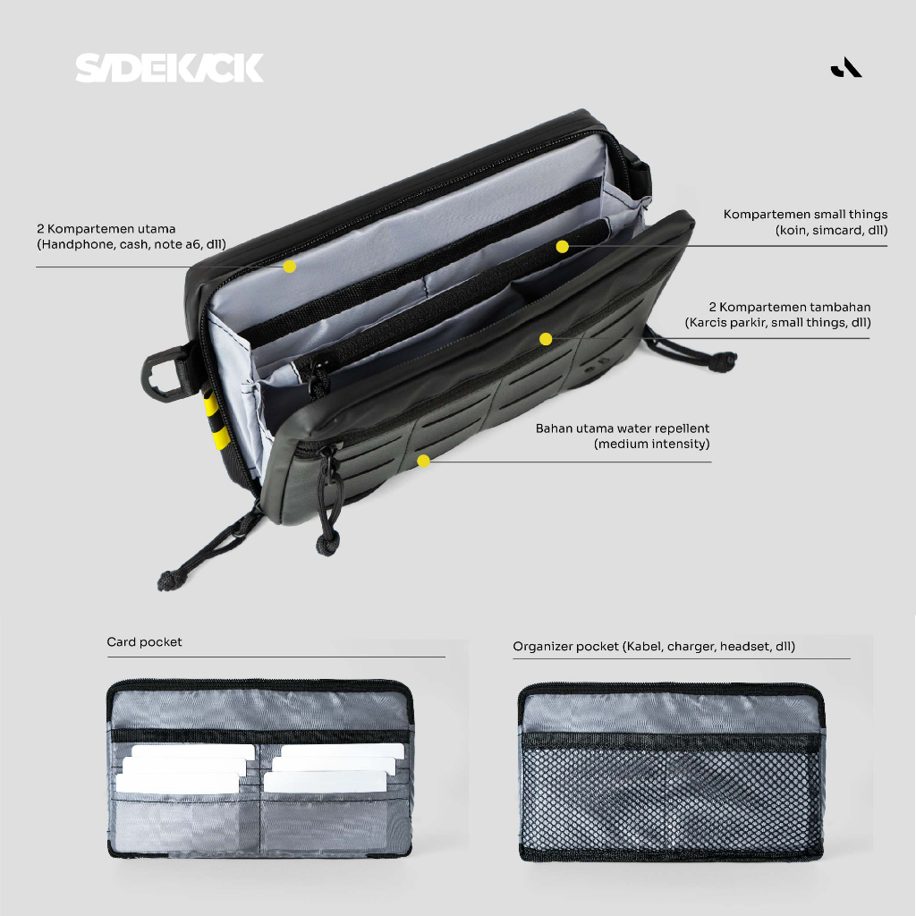 Sidekick Project CAFO Clutch Pria Warna Hitam Multifungsi (Hand bag  + Sling bag + Hanging bag) Bahan Polyester Waterproof Ukuran 22 x 12 x 4 CM Organizer Card Pocket Tas Selempang HP Dompet