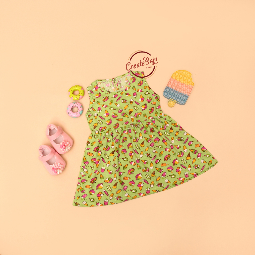 SINGLE DASTER/SINGLET DRESS/DRESS SINGLET ANAK CEWEK PRINTING ICE CREAM HIJAU 1-2 TAHUN DRESS ANAK PEREMPUAN TERLARIS