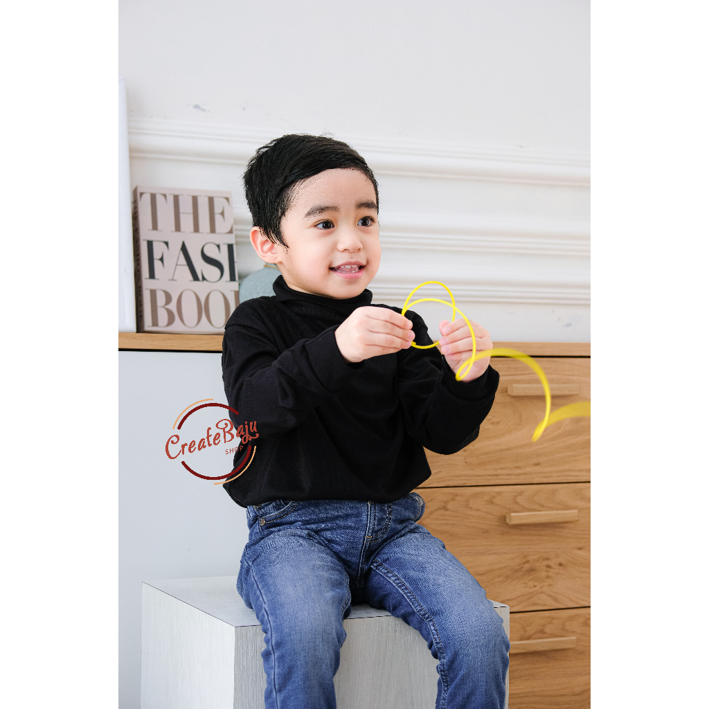 KAOS ATASAN TURTLE NECK ANAK WARNA HITAM UNISEX LENGAN PANJANG 1-5 TAHUN