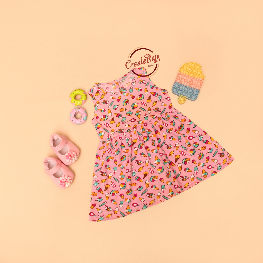 SINGLE DASTER/SINGLET DRESS/DRESS SINGLET ANAK CEWEK PRINTING ICE CREAM PINK 1-2 TAHUN DRESS ANAK PEREMPUAN TERLARIS