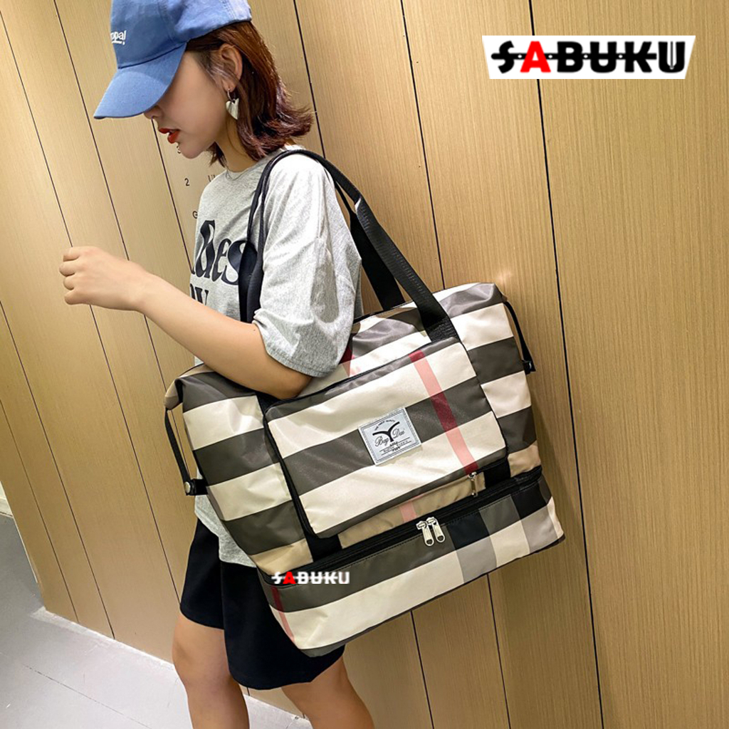 [S&amp;K] Travel Bag Waterproof Motif Kombinasi Kotak Duffel Bag Tas Travel Portable Gym - SK1009