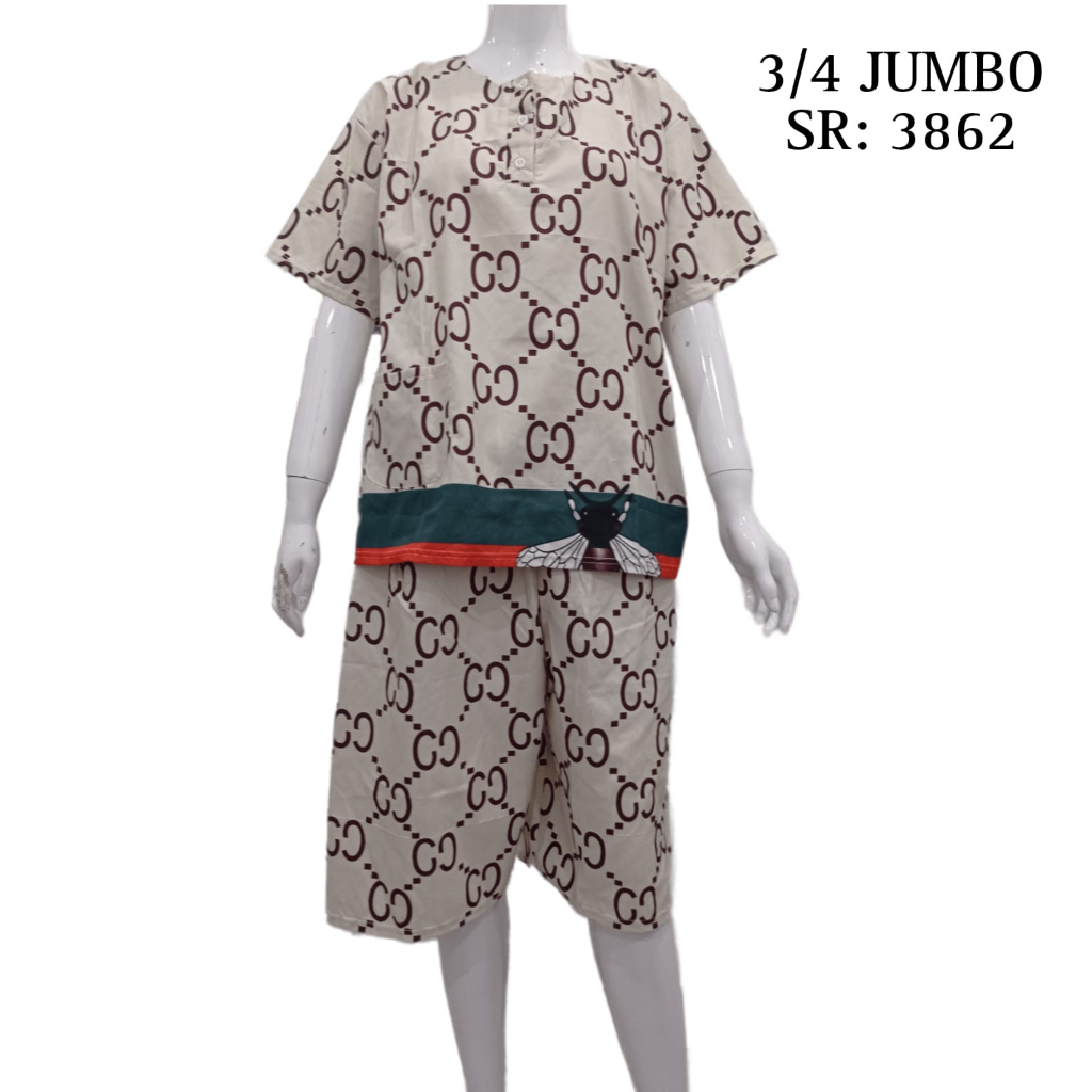 Dtree . Piyama stelan pendek jumbo katun motif kotak bulat baju tidur kancing depan Ld 120 cm