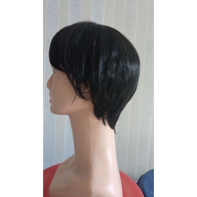 wig pria hitam pendek sintetis fiber