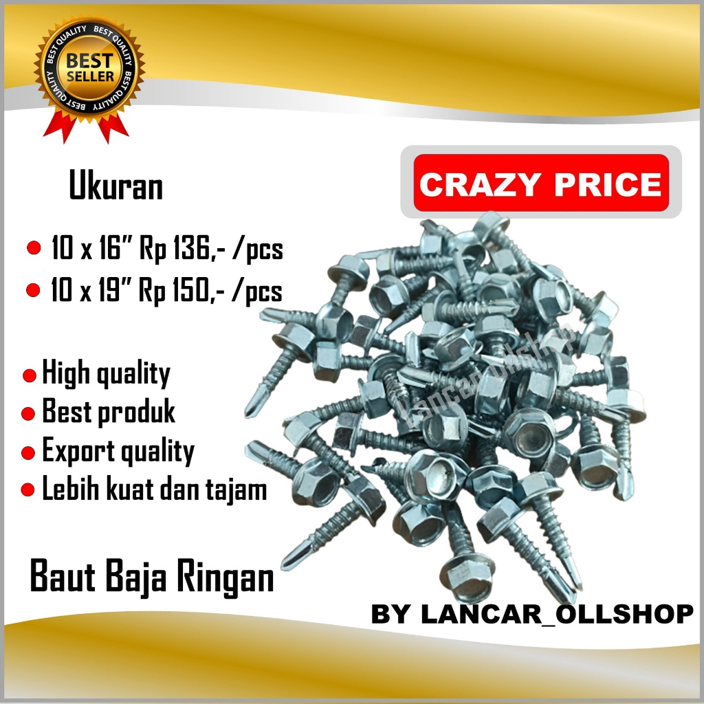 Baut Sekrup Skrup Baja Ringan Roofing Galvalum Driling Holo Murah Ecer 10x16 10x19