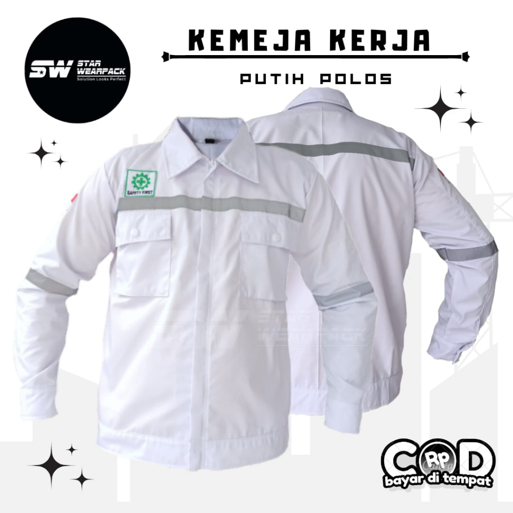 Star Wearpack - Baju Kerja Lengan Panjang Resleting  Warna Putih Polos