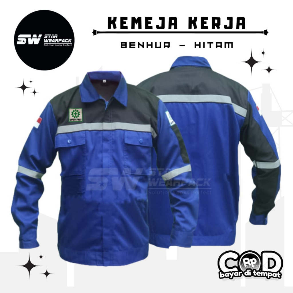 Star Wearpack - Kemeja Proyek Model Resleting Warna Benhur Kombinasi HItam Lengan Panjang