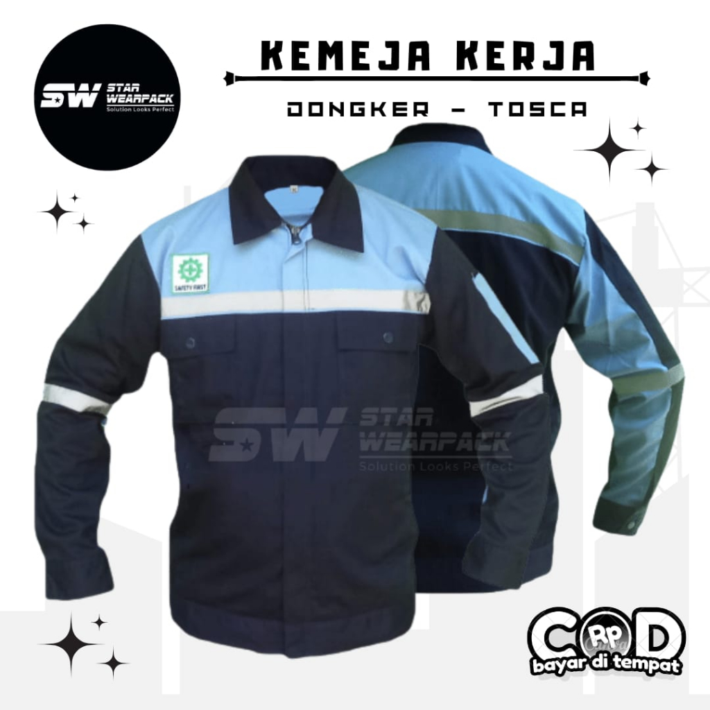 Star Wearpack - Kemeja Kerja Proyek Lengan Panjang Warna Dongker Kombinasi Biru Muda Tosca