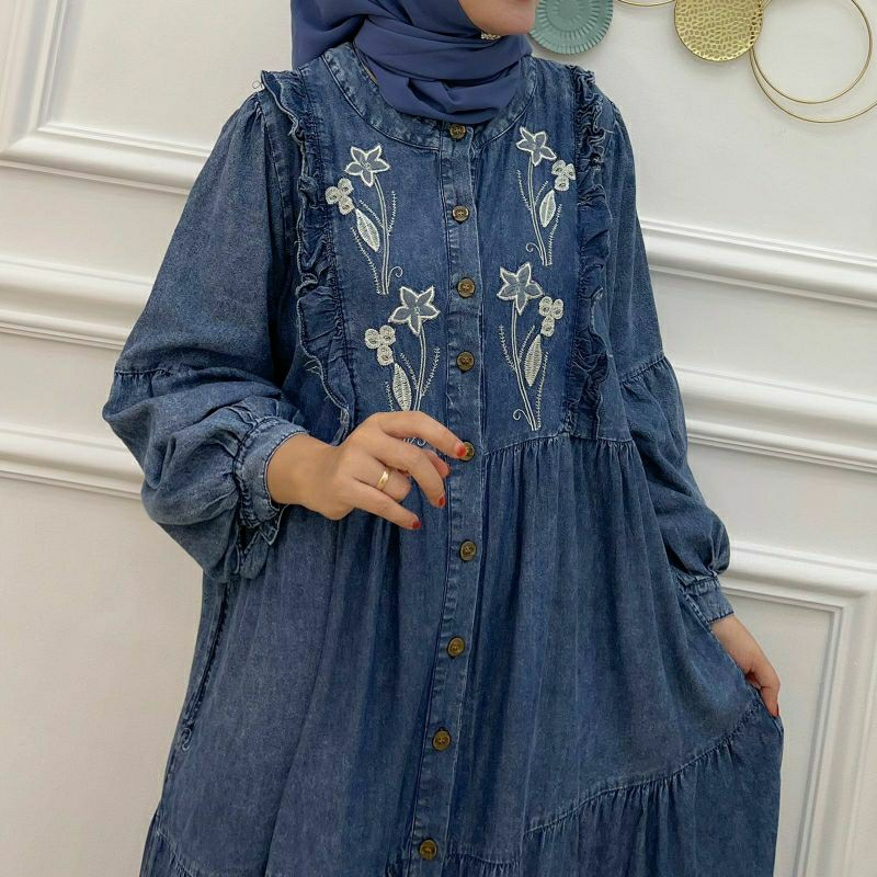 Farah Jeans Maxy, GAMIS JEANS JUMBO CANTIK MODIS FIT XXXL LD 124 BAHAN JEANS WASH IMPORT MIX BORDIR KANCING AKTIF TERMURAH OOTD KEKINIAN TERLARIS