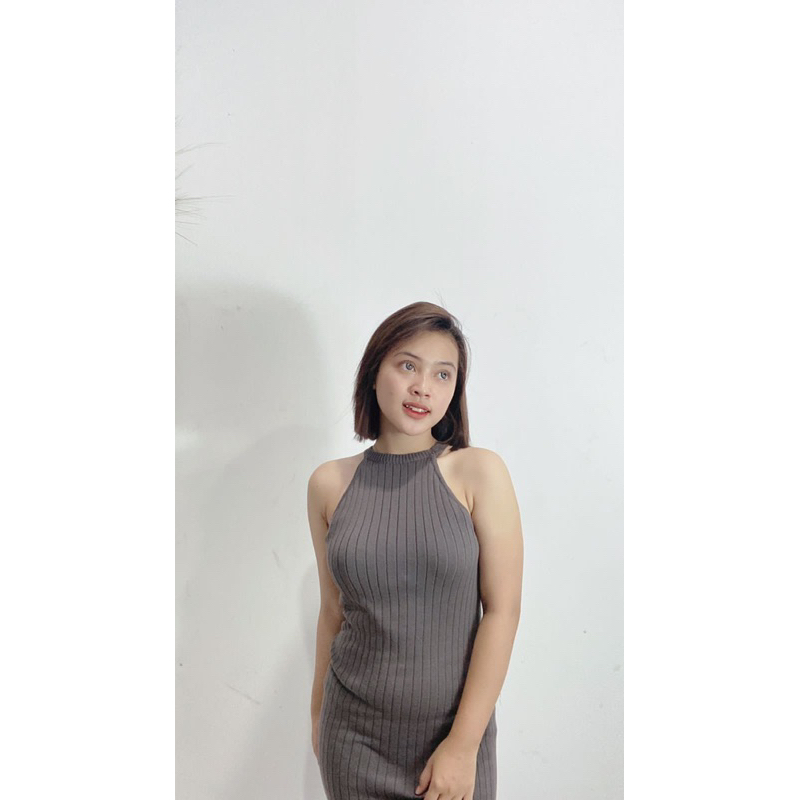 Dress Halter Neck Vest Midi Bodycon Dress | Pencil Knee Length Dress Ribbed Knit | Dress Slide Dress Panjang Belah Samping