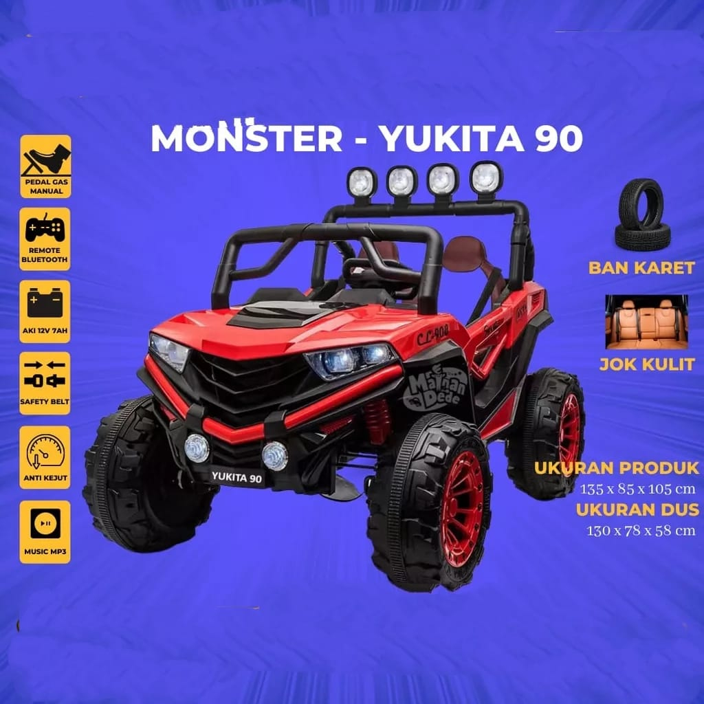 Mainan Anak Mobil Aki Yukita 90 Monster Jeep Ban Karet Jok Kulit