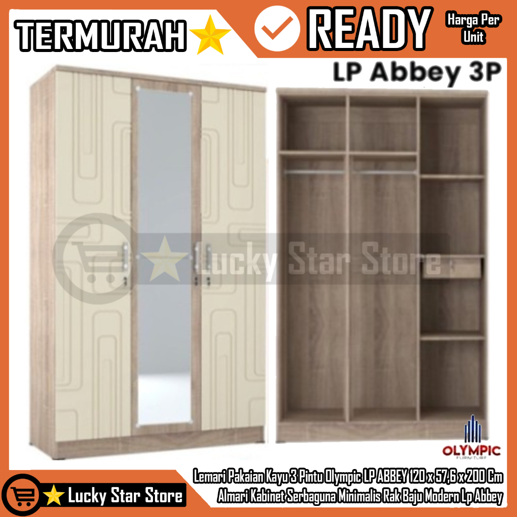 [Instan] Lemari Pakaian Kayu 3 Pintu Olympic LP ABBEY Baju Wadrobe 120 x 57,6 x 200 Cm Kabinet Serba