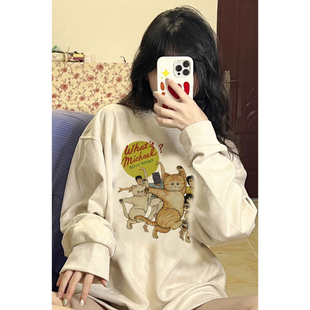 EUNII Sweater Lengan Panjang Cartoon Funny Cat Printing Korean Style/Sweater Crop/Baju Wanita/Switer Wanita/Switer