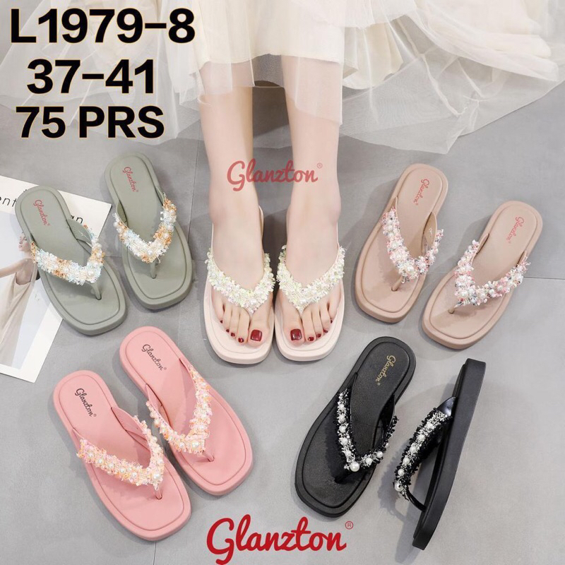 Sandal Jelly Glanzton L1870-80 Sandal Jepit Jelly Motif Bunga Mutiara Putih Terbaru