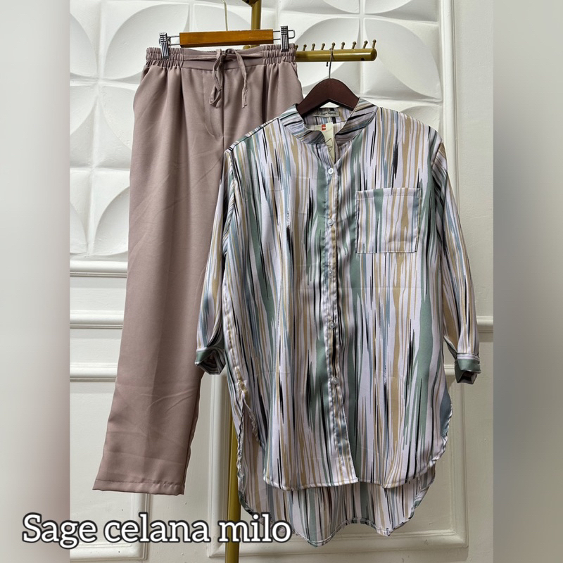 Coza Setelan Wanita Amora Set Kemeja Motif Salur Garis Lurik Abstrak Bahan Syakila Premium Size Standar Dan Jumbo XXXl 100kg Lengan panjang Setrip