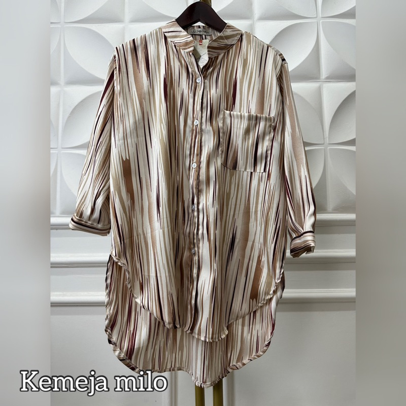 Coza Setelan Wanita Amora Set Kemeja Motif Salur Garis Lurik Abstrak Bahan Syakila Premium Size Standar Dan Jumbo XXXl 100kg Lengan panjang Setrip