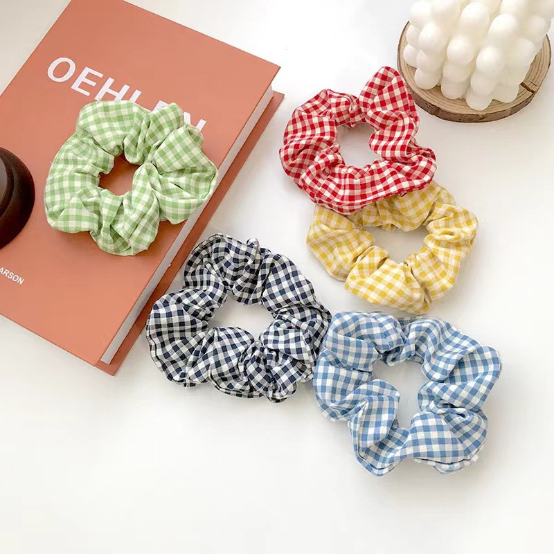 EryoneStore Ikat Rambut SCRUNCHIE Korea Motif KOTAK/ Kunciran Rambut Model Korean / Ikat Rambut Cepol Korea