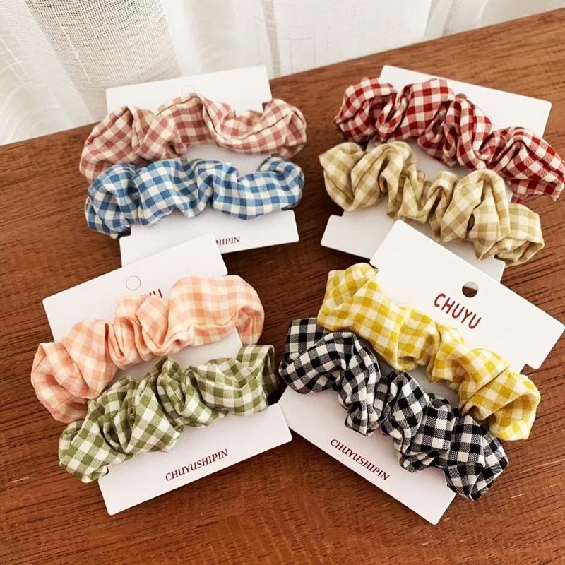 EryoneStore Ikat Rambut SCRUNCHIE Korea Motif KOTAK/ Kunciran Rambut Model Korean / Ikat Rambut Cepol Korea