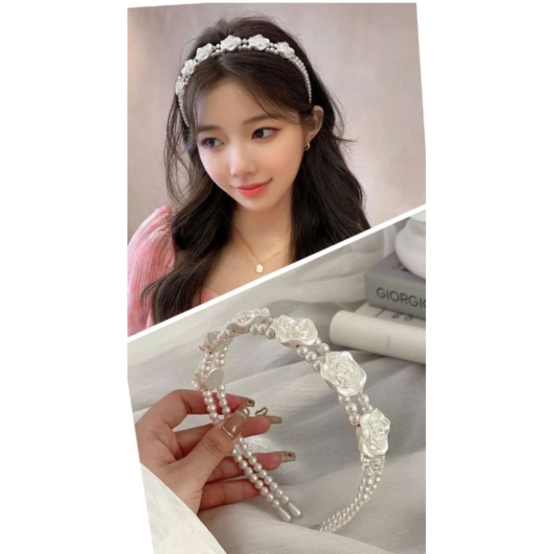 bando new arrival bunga glosi/ bando mutiara bunga putih/ fashion kekinian