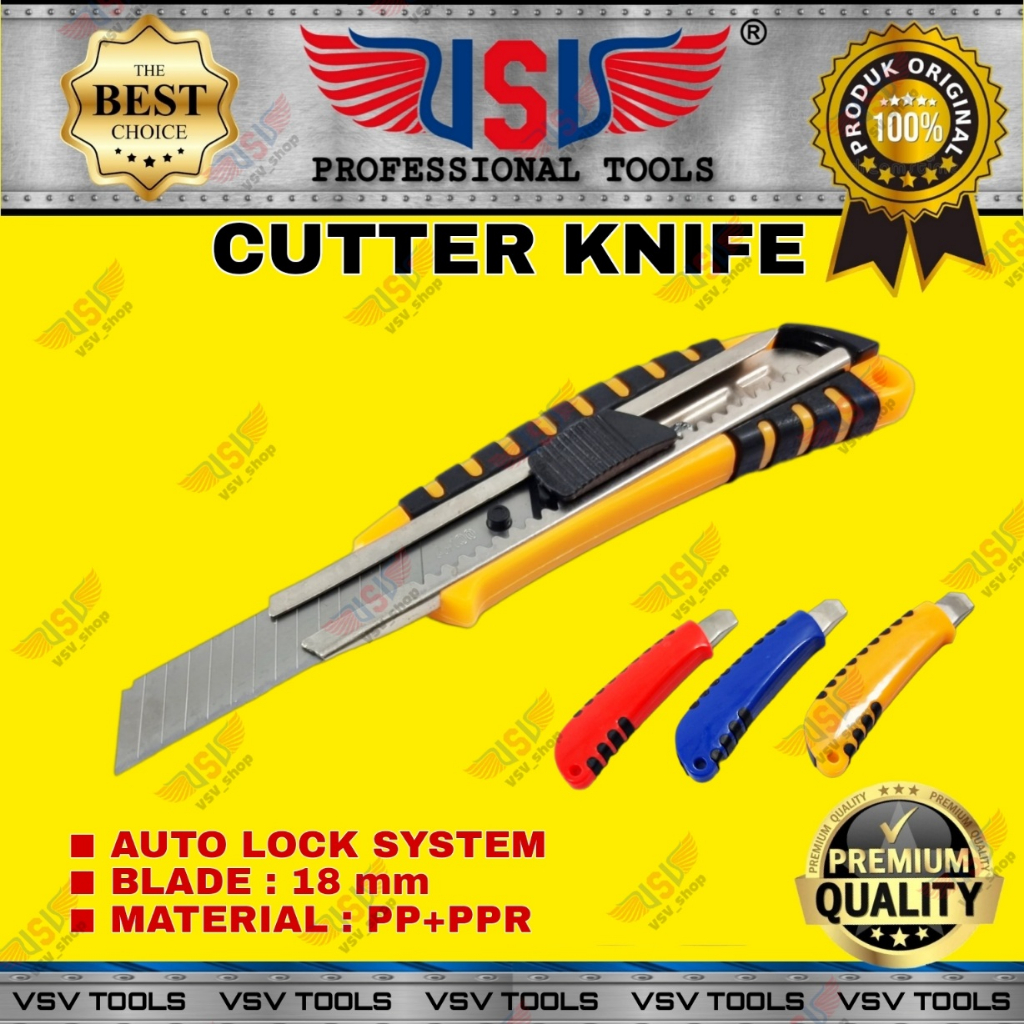 Cutter Besar Pisau Cutter 18mm Bahan PP Cutter Knife Auto-Lock VSV HS-07