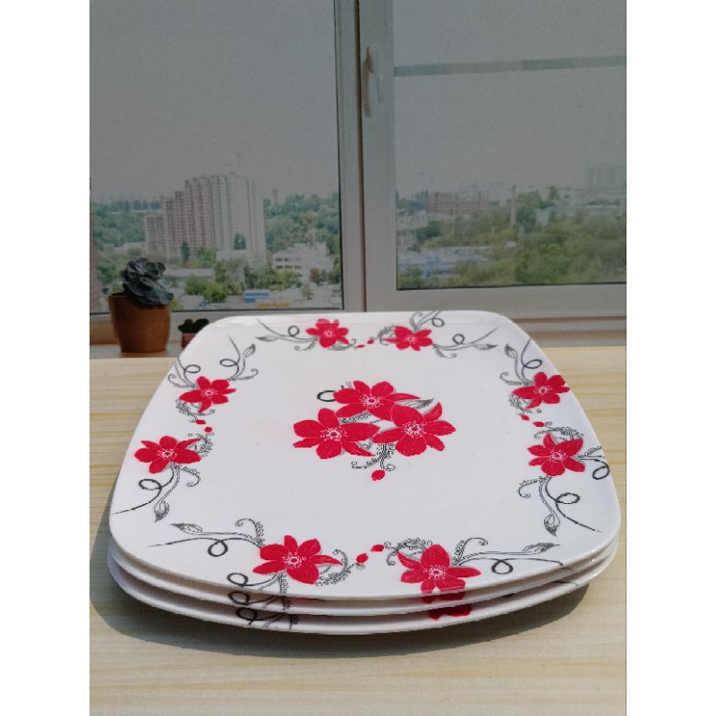 Turun harga Piring melamin ceper | Piring kue motif bunga  | Piring kotak ceper | Piring kue persegi