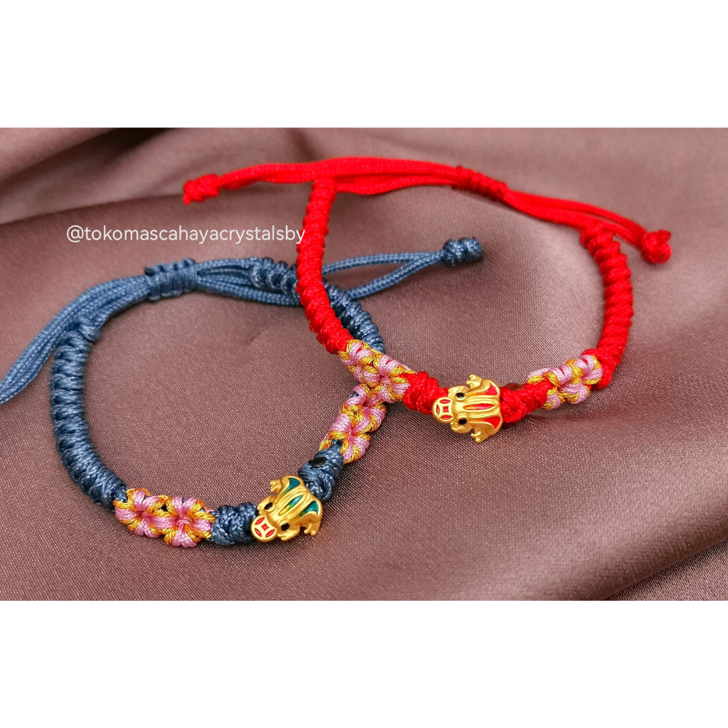 Gelang Charm Kodok Rejeki cat Merah / Biru Emas kadar 24k HK Hongkong 999% 999 &amp; Gelang Serut