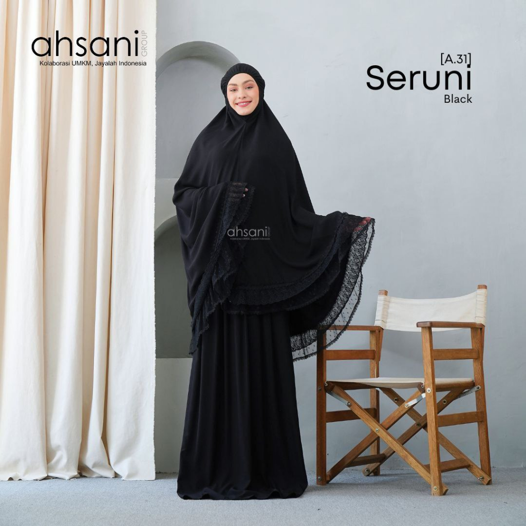 Mukena Dewasa Ahsani Warna Hitam A.31 SERUNI Bahan Rayon Twill Premium Model 3 Layer Renda