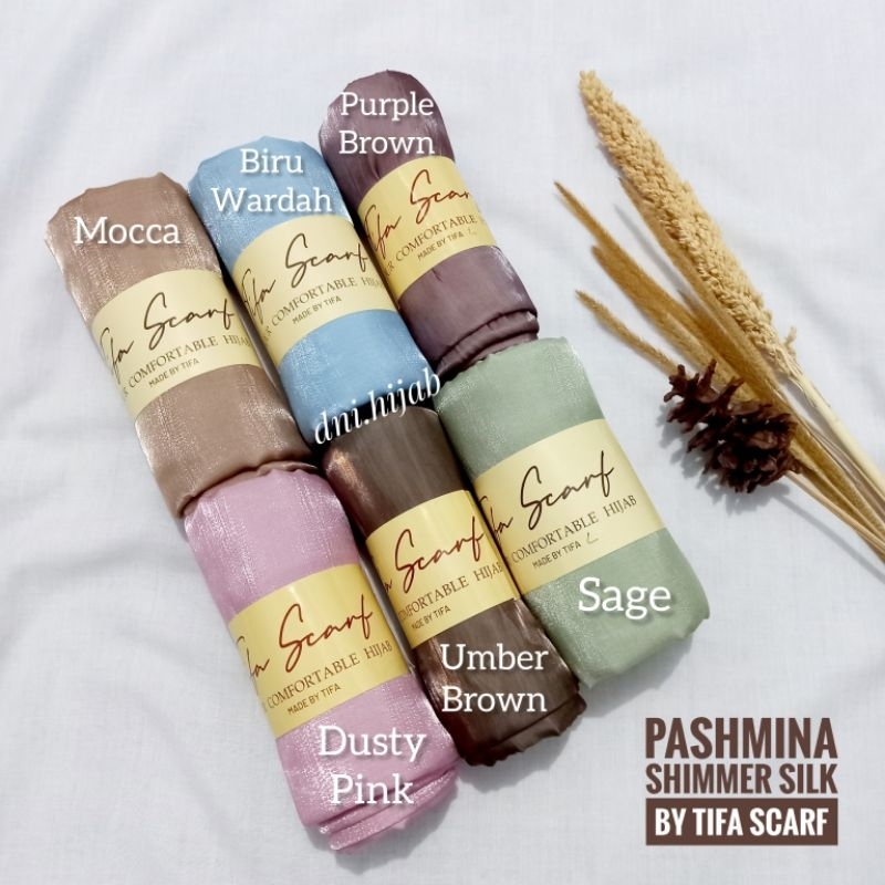 PASHMINA SHIMMER SILK BY TIFA SCARF 175 cm x 75 cm Organza Cotton Blend Full Jahit Tepi