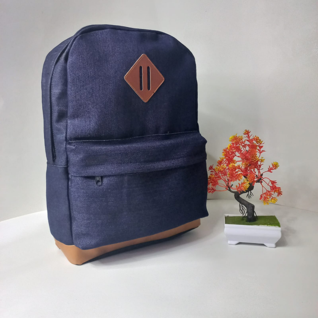 Tas Ransel Pria Distro Jeans Tas punggung cowo Tas Sekolah ransel Polos biru Besar Denim