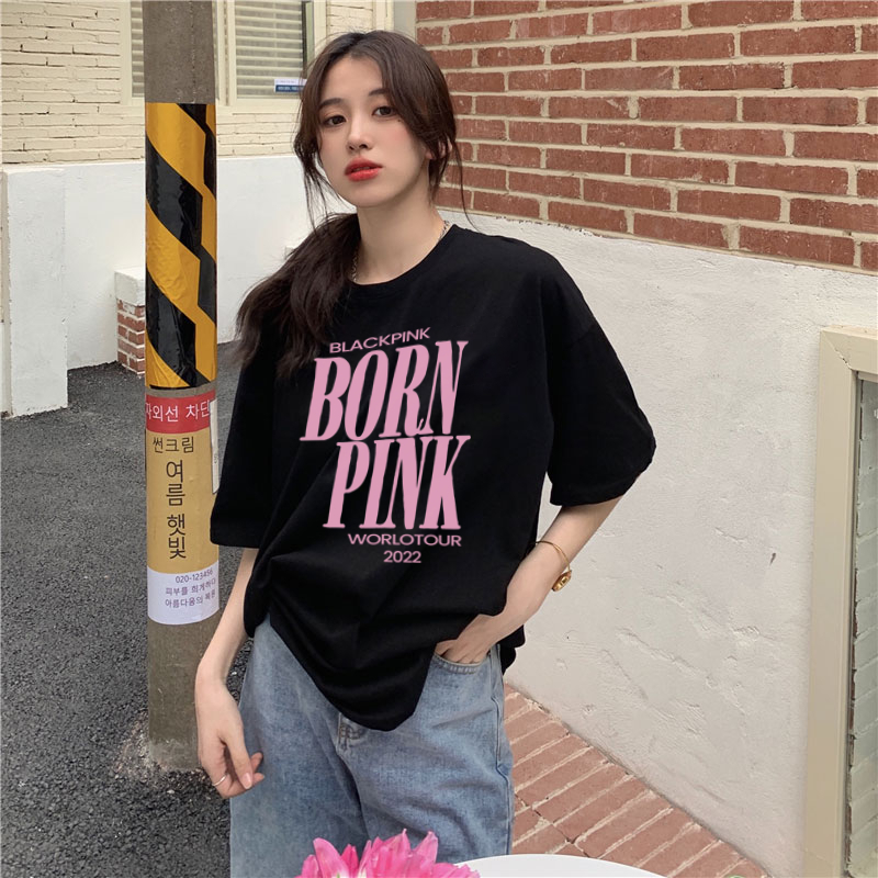 XiaoZhaiNv Kaos Atasan Oversize Wanita Born Pink Pattern Lengan Pendek A0920