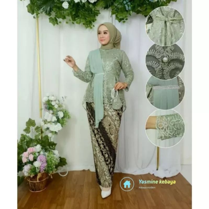 Kebaya selendang sage green set rok plisket batik motif cm sage / Kebaya wisuda modern / Kebaya kond