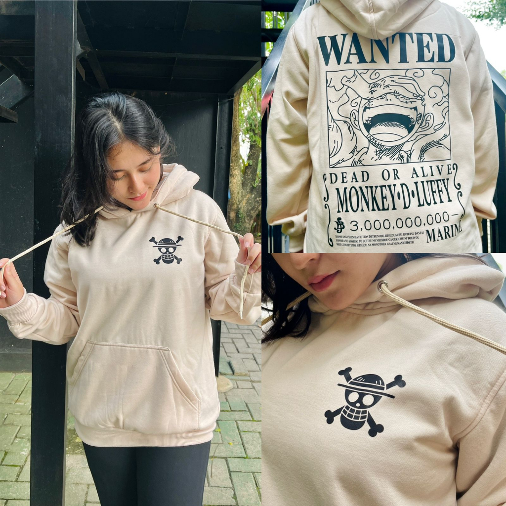 Hoodie Luffy Wanted God Nika Gear 5th Line Art Anime Manga One Piece Cream